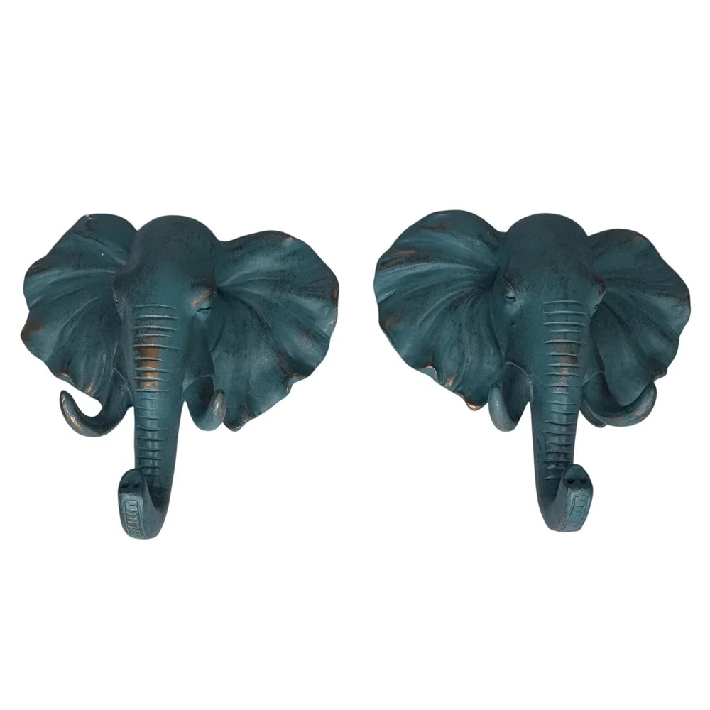 Bohemian Boho Elephant Head Wall Hooks Set of 2 Green Bronze Resin Safari Decor